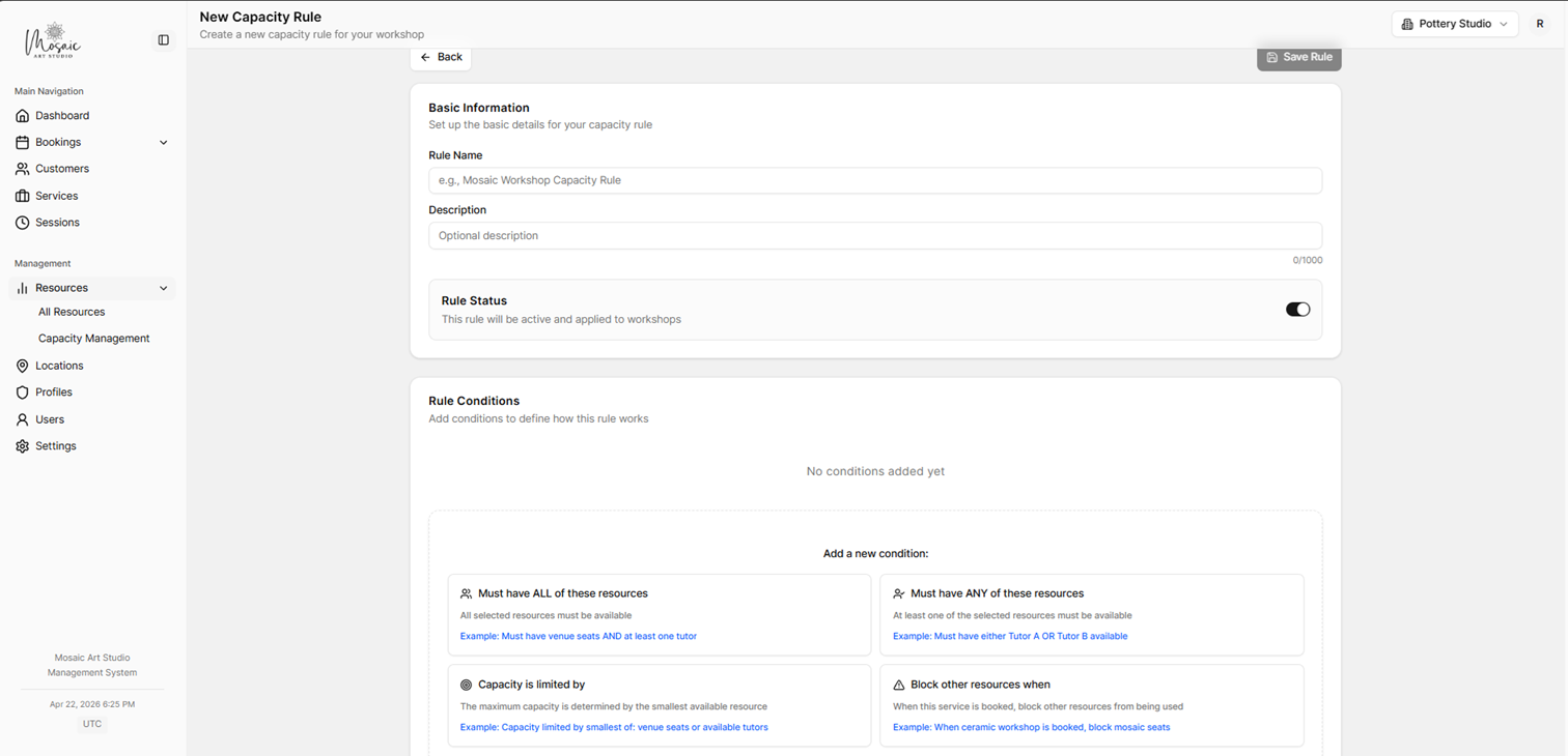 Form for creating capacity rules